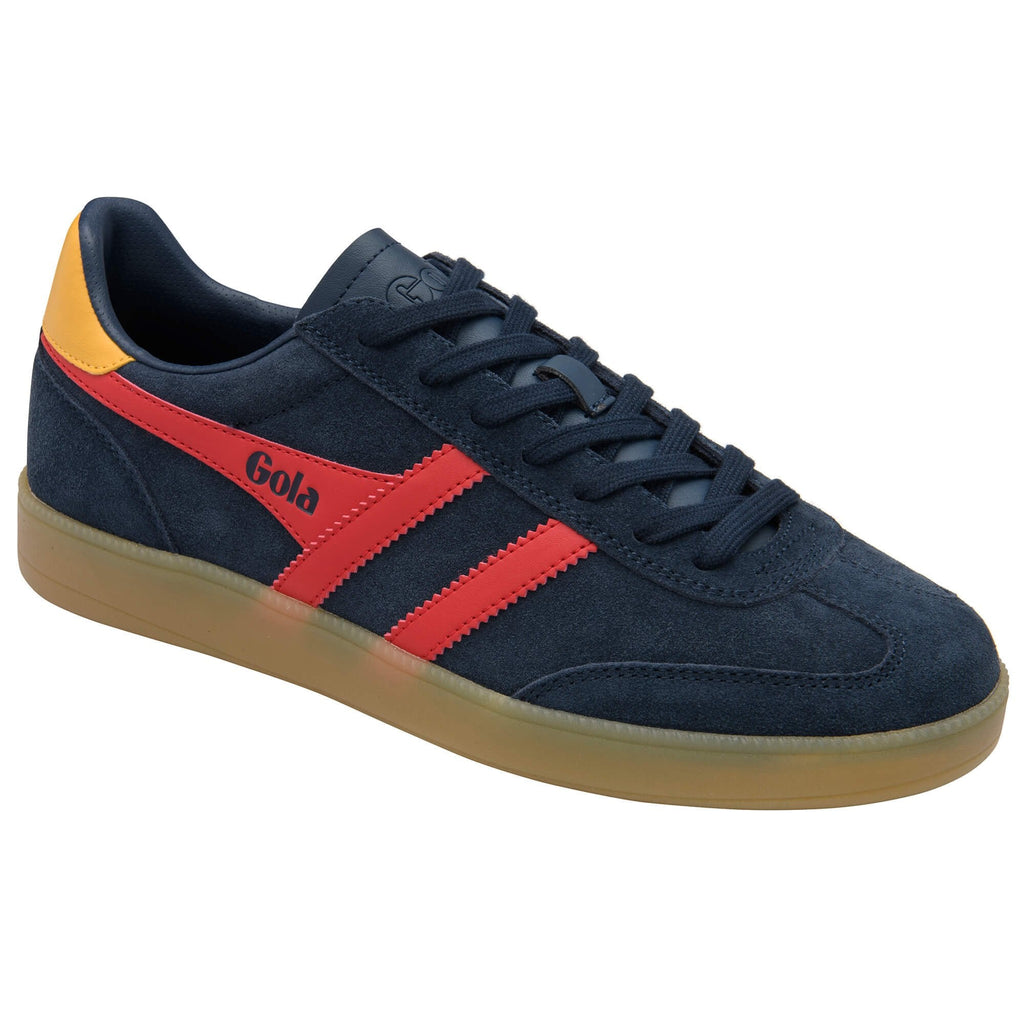 Navy blue trainer with red stripes and yellow accents on a white background
