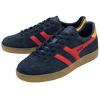 Pair of Gola Harrier suede trainers in navy with red stripes and yellow heel detail