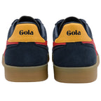 Navy blue trainers with yellow Gola logo on a white background