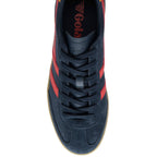 Navy blue and red trainer with Gola logo on a white background