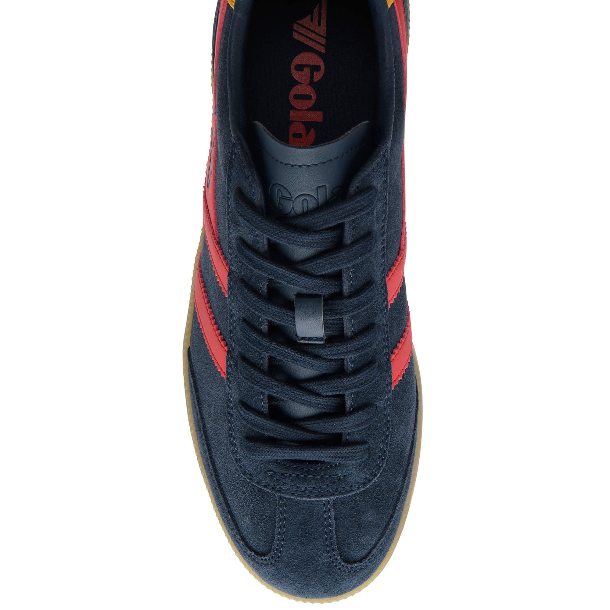 Navy blue and red trainer with Gola logo on a white background