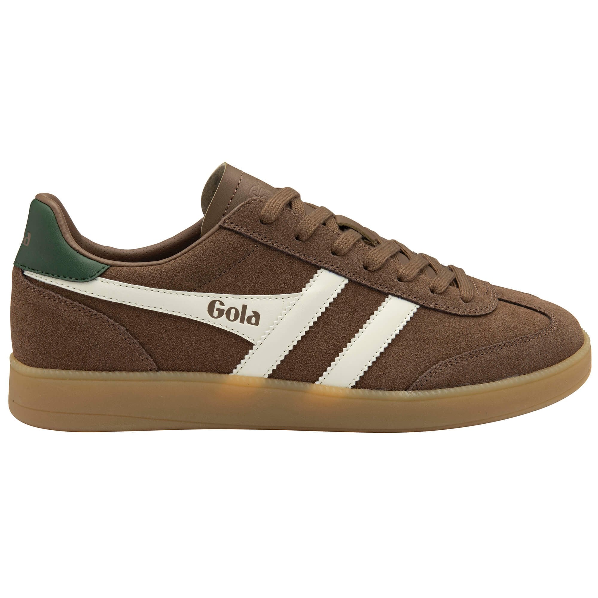 Brown suede Gola trainers with white stripes and a green heel tab