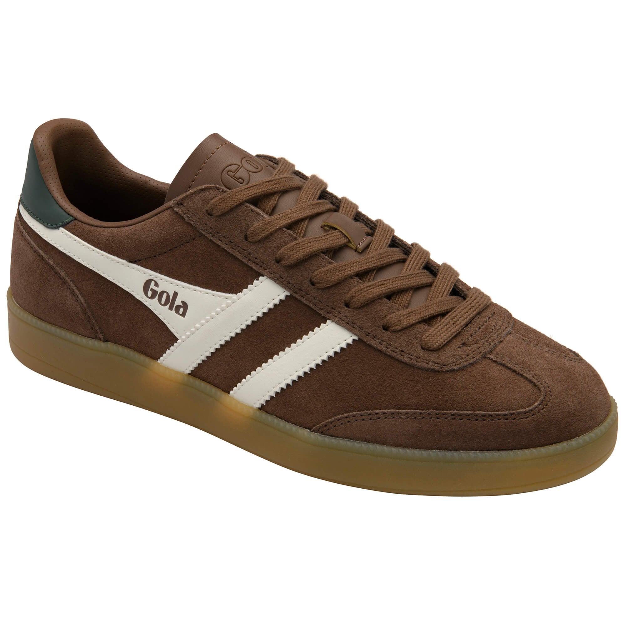 Brown Gola trainer with white stripes on a white background