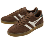 Brown trainers with white stripes and 'Gola' branding on a white background