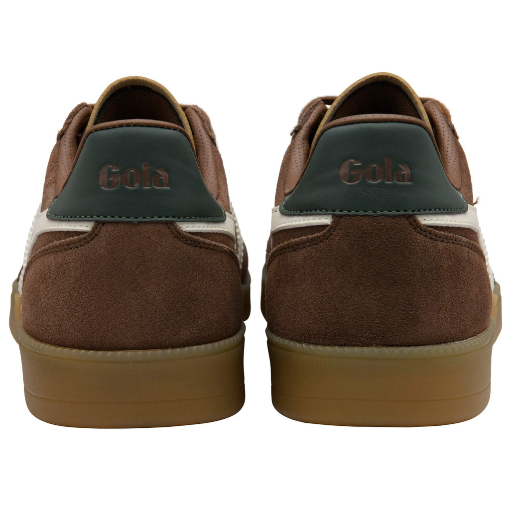Brown suede trainers with 'Gola' branding on a white background
