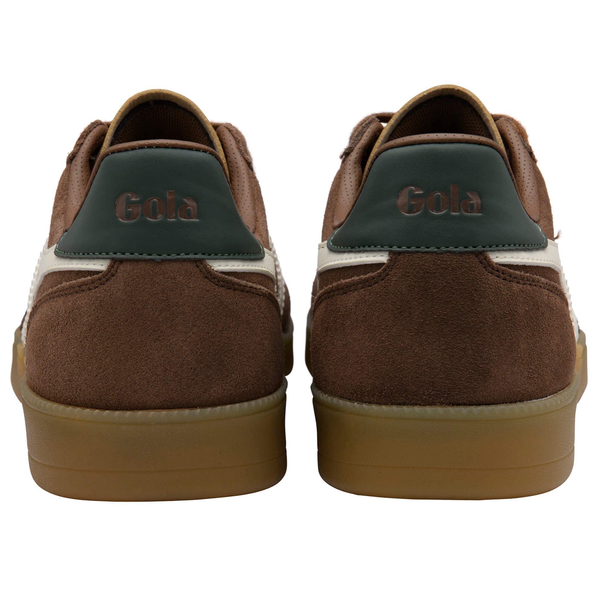 Brown suede trainers with 'Gola' branding on a white background