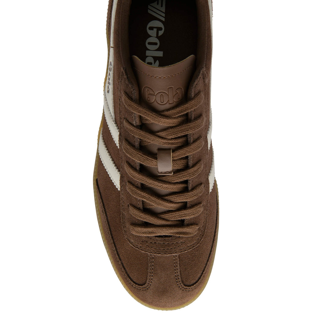 Brown Gola Harrier suede trainer with white side stripes and gum sole