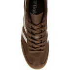 Brown Gola Harrier suede trainer with white side stripes and gum sole