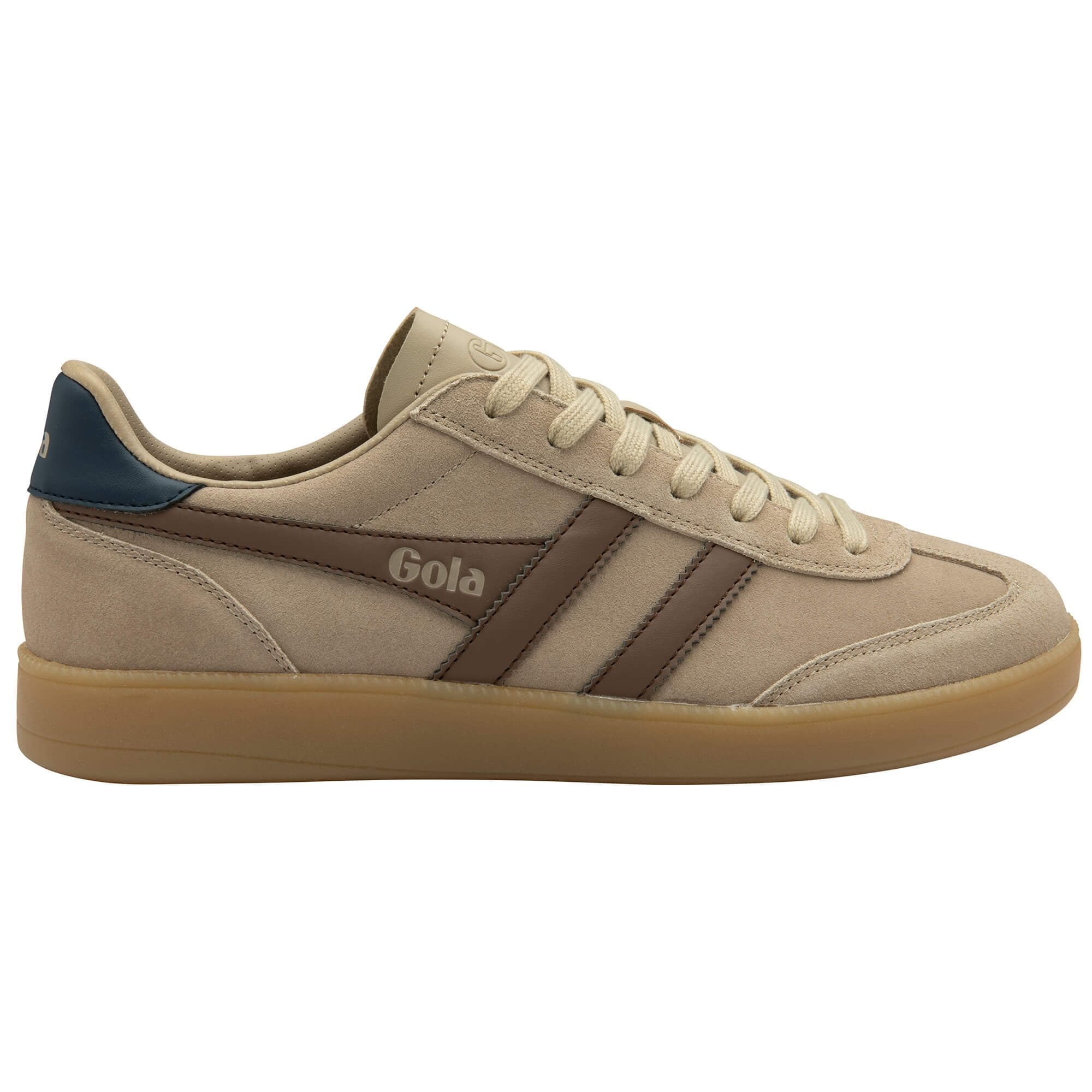 Beige trainer with brown accents and 'Gola' branding on a white background