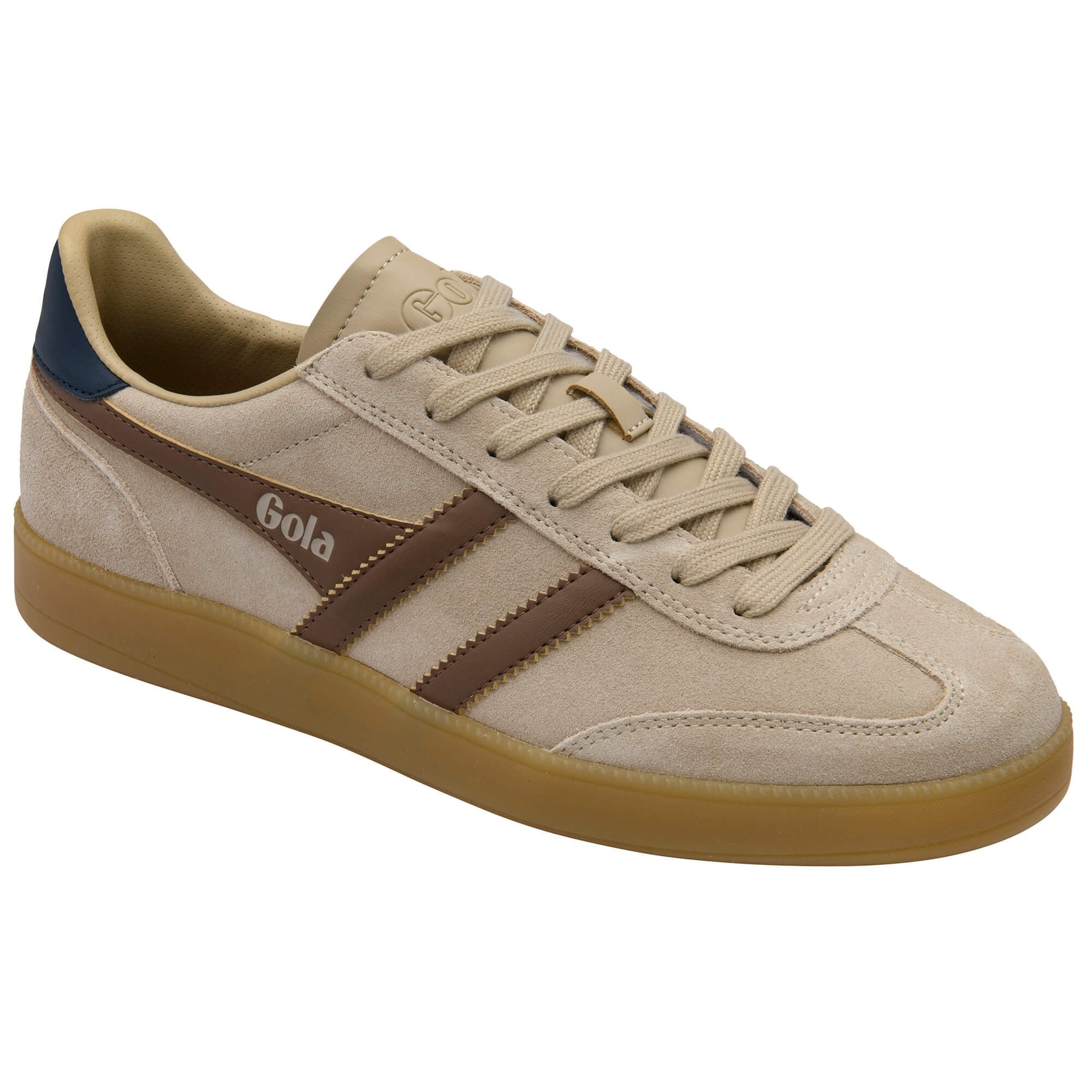 Beige trainer with brown stripes and 'Gola' branding on a white background