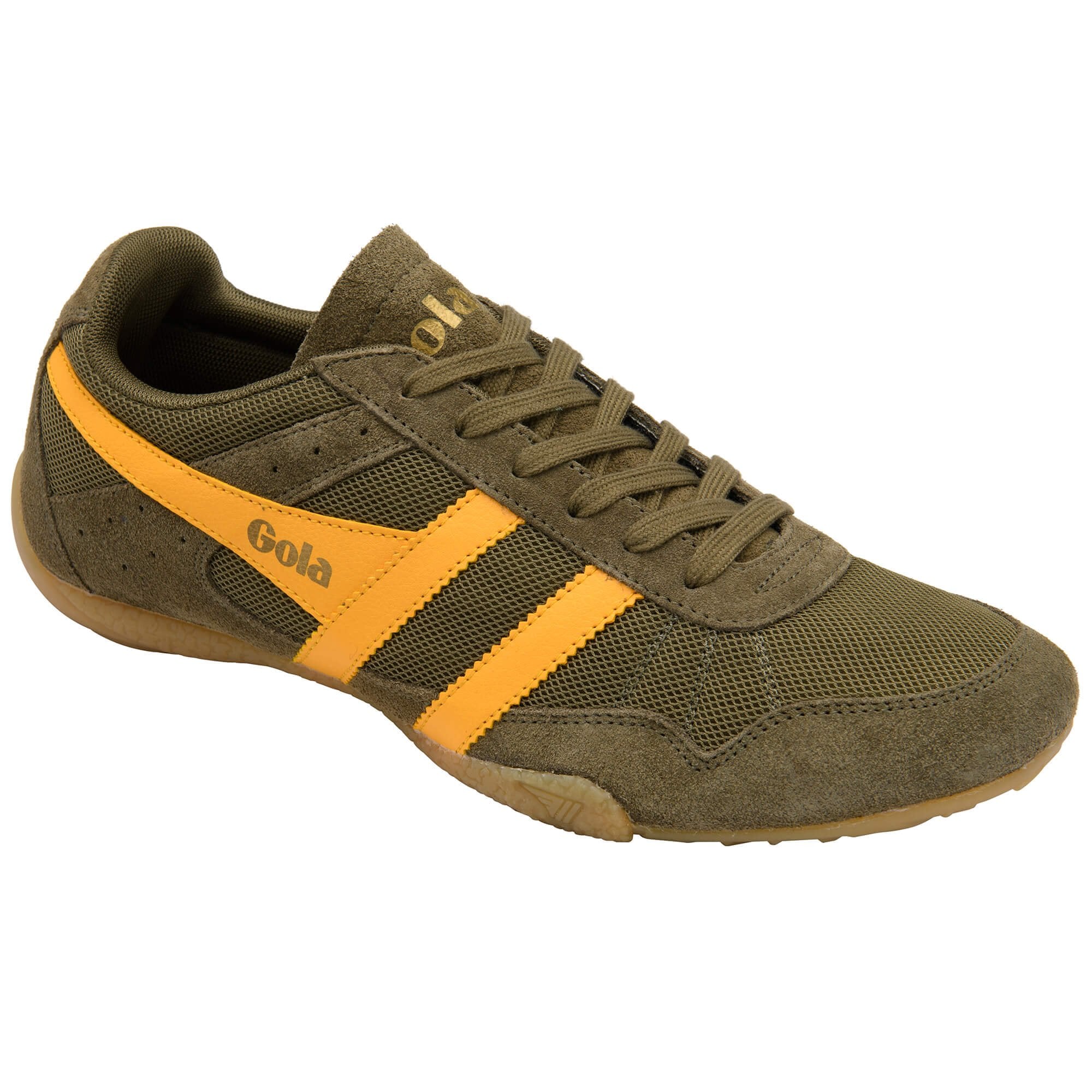 Green trainer with yellow stripe on a white background