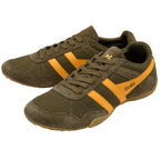 Pair of Gola Harrier trainers in olive green with yellow stripes and laces