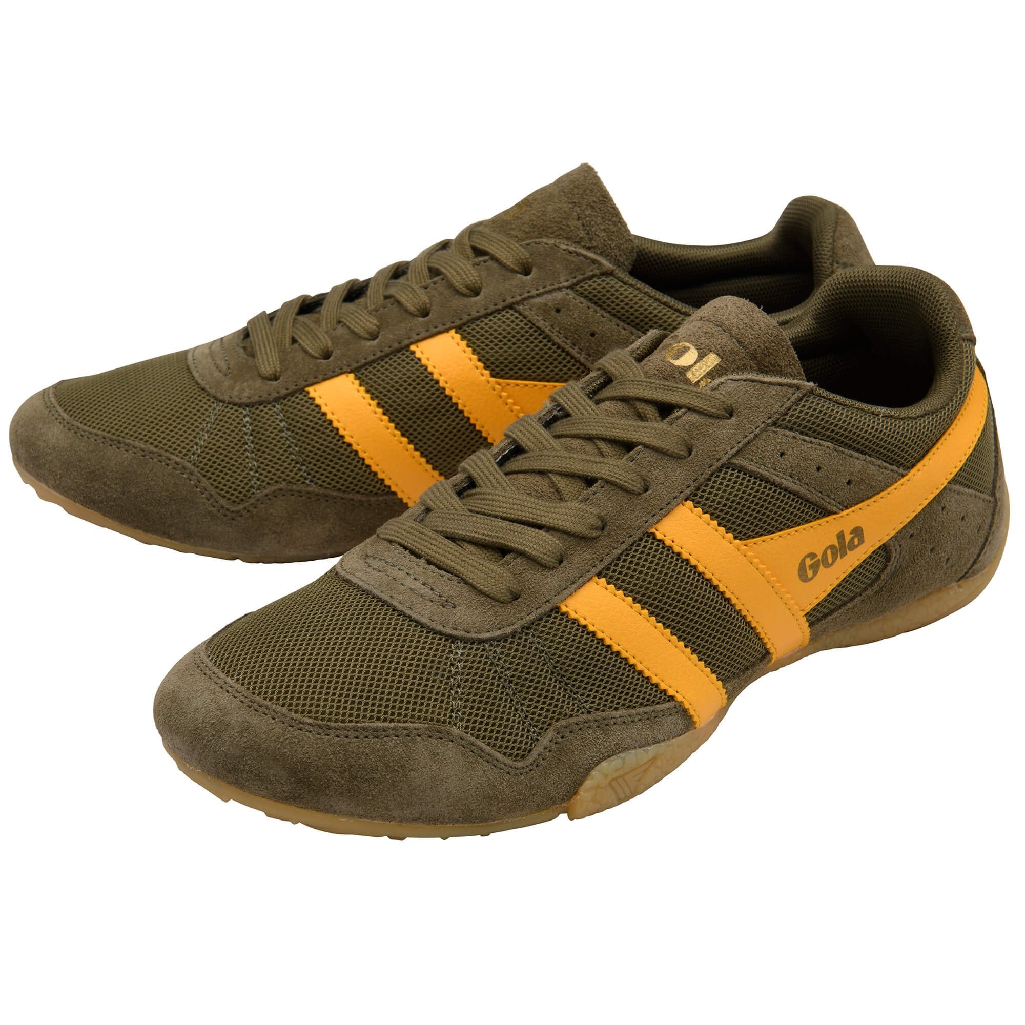 Pair of Gola Harrier trainers in olive green with yellow stripes and laces