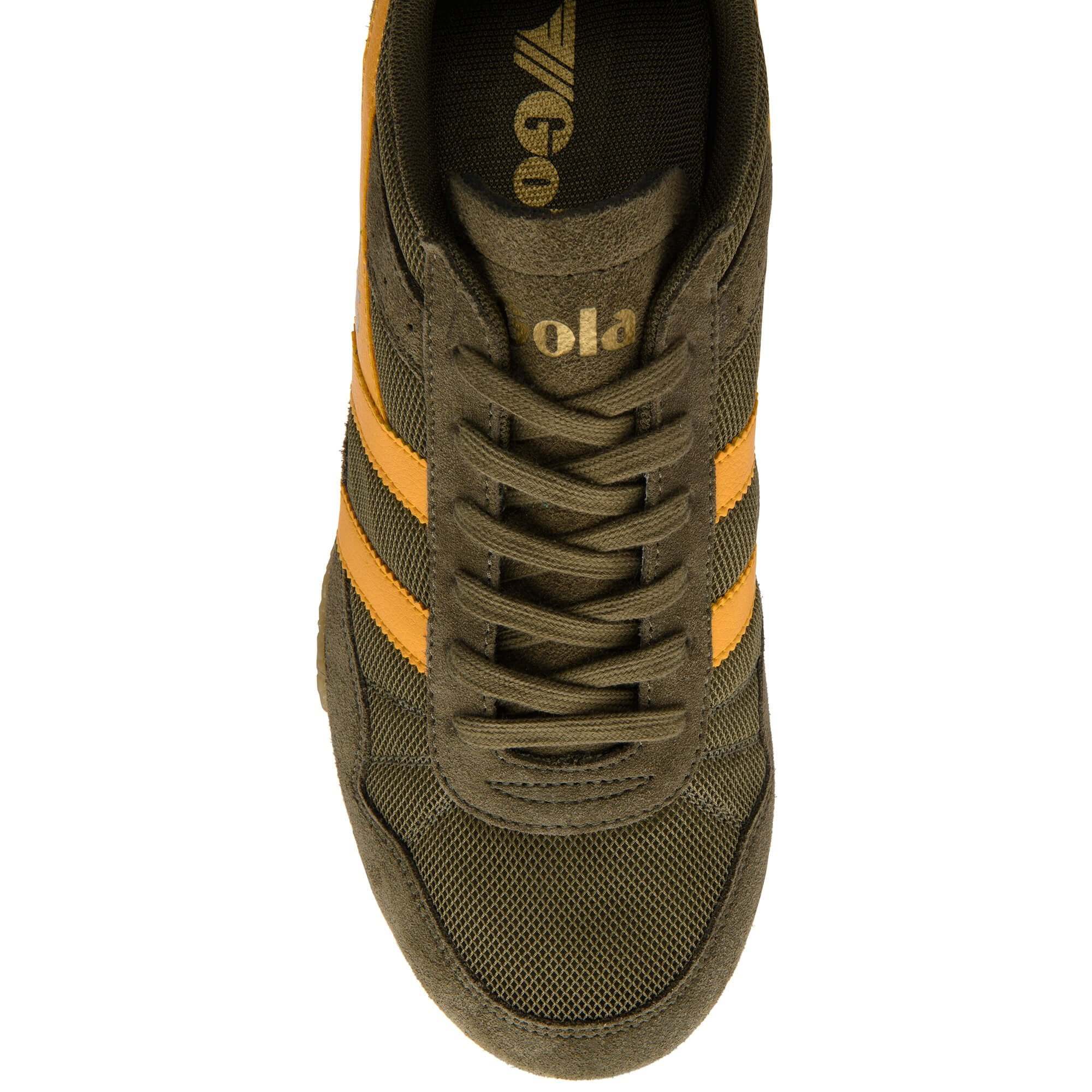 Green trainer with yellow stripes on a white background