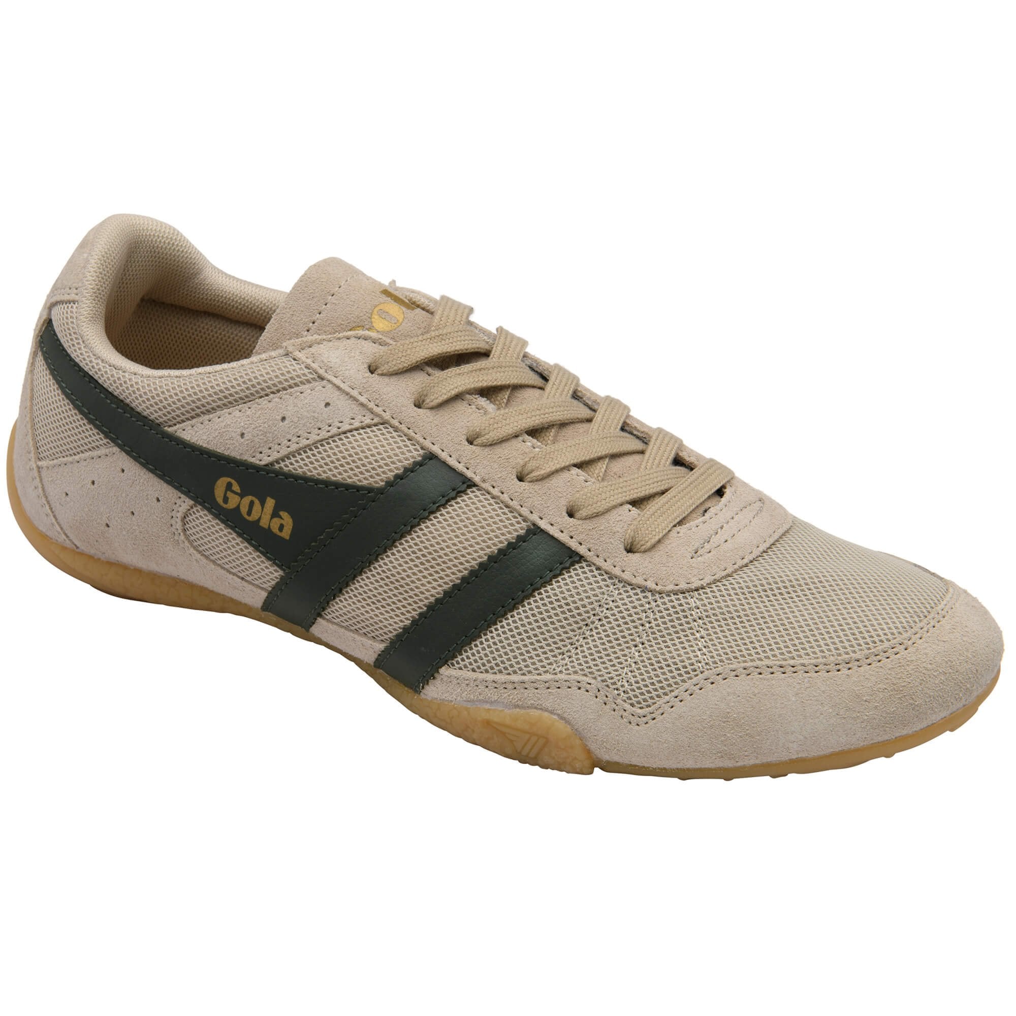 Gola Harrier trainer in beige with dark green stripes and a gum sole