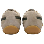 Pair of beige suede and mesh sneakers with dark green stripes and brown rubber soles, rear view