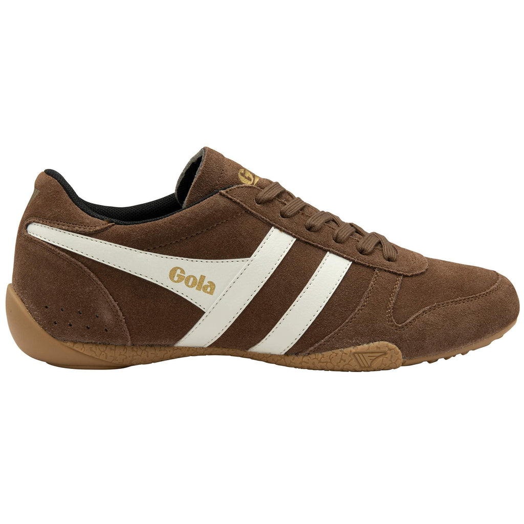 Brown trainer with white stripes and 'Gola' branding on a white background