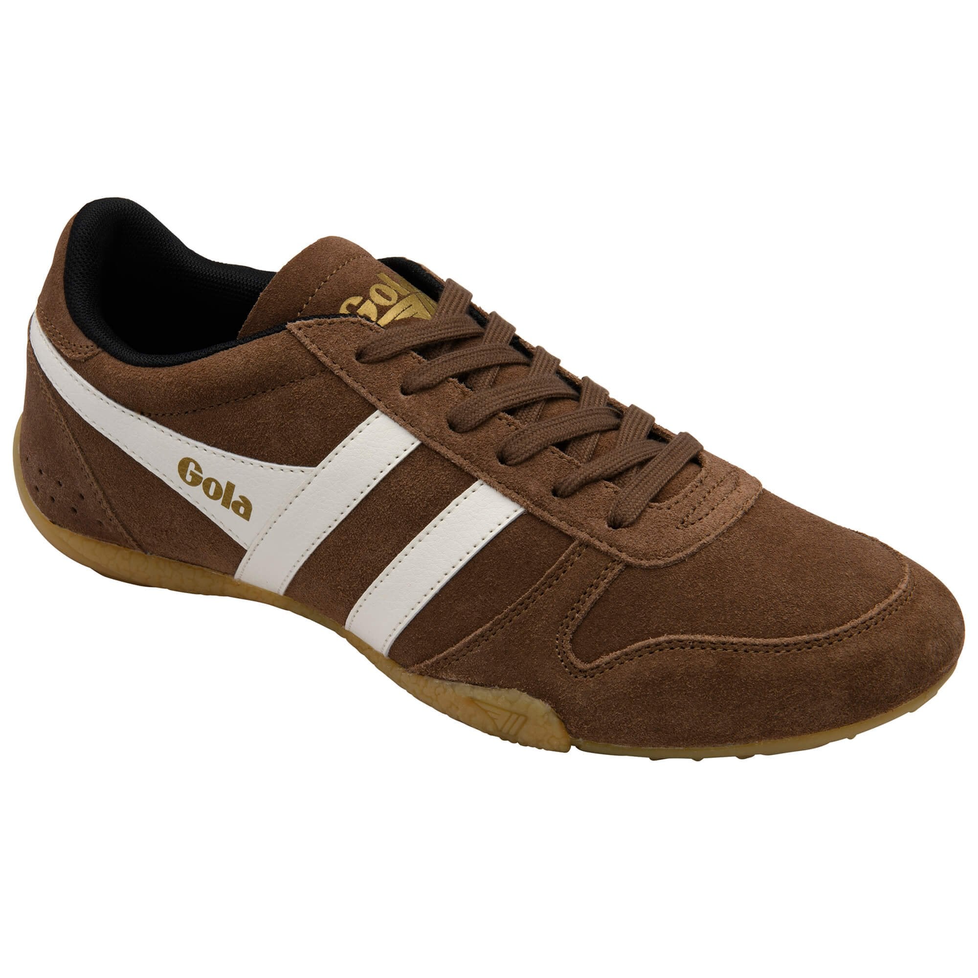 Brown suede Gola trainer with white stripes and brown laces