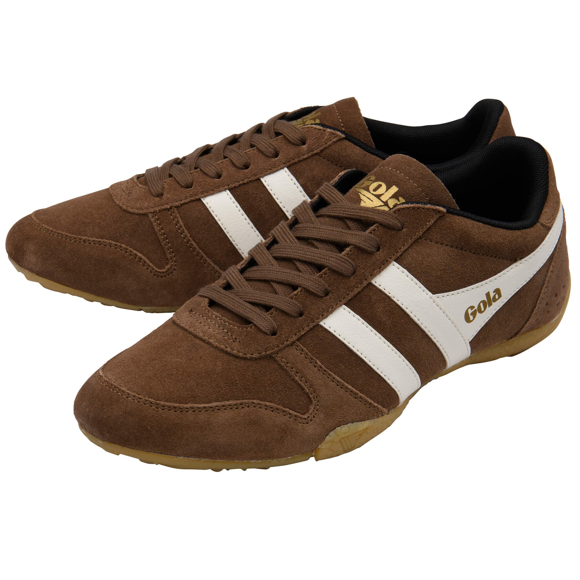 Brown trainers with white stripes and 'Gola' branding on a white background