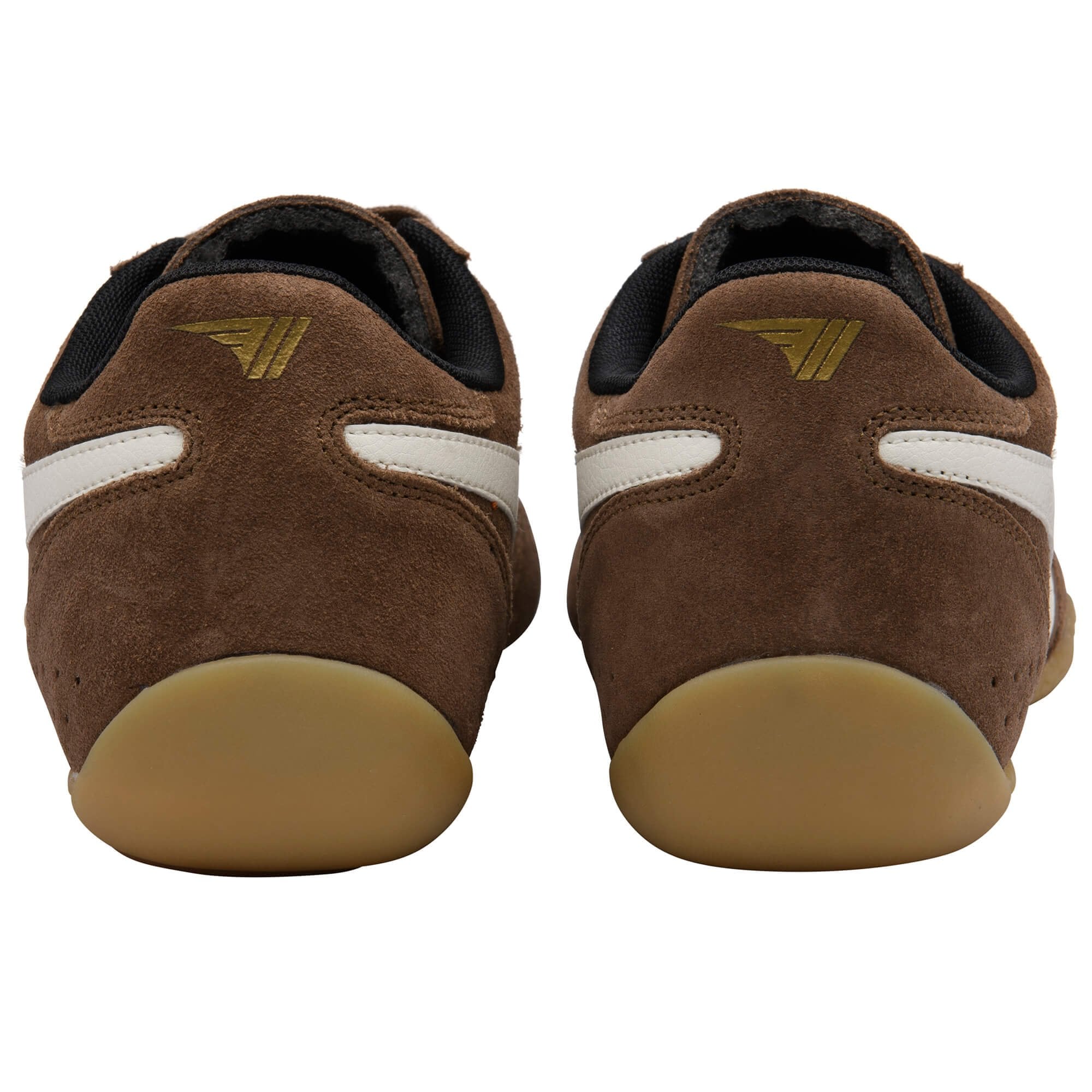 Pair of brown suede shoes with white stripes and a gold logo on the heel
