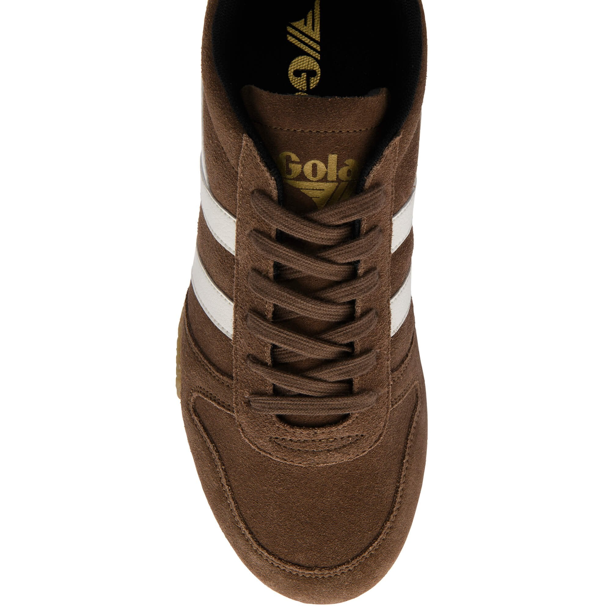 Brown trainer with white stripes on a white background