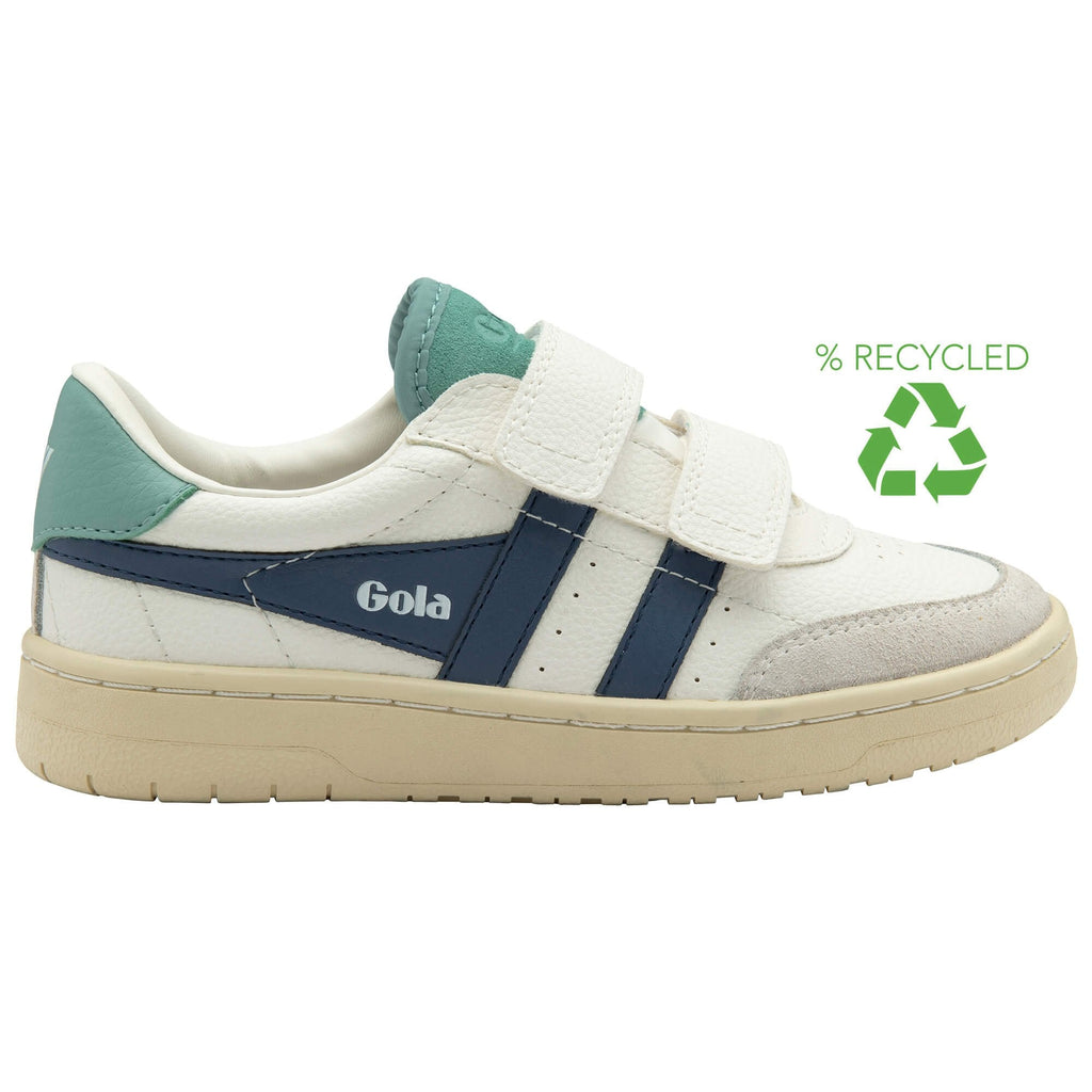White Gola trainer with blue accents and 'Gola' branding on a white background