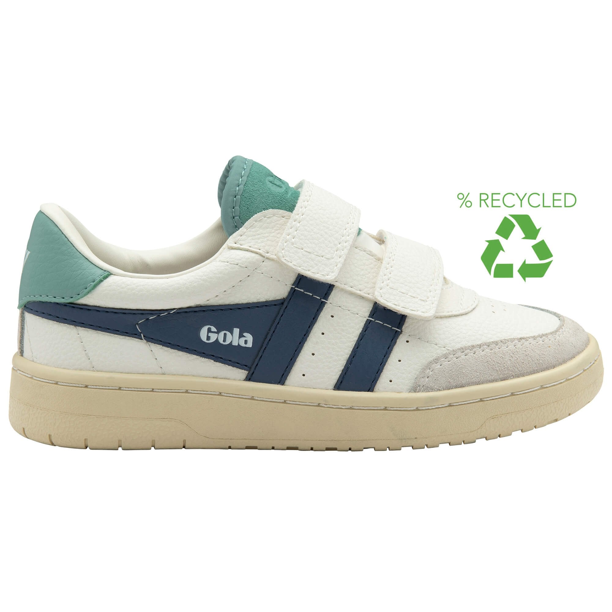 White Gola trainer with blue accents and 'Gola' branding on a white background