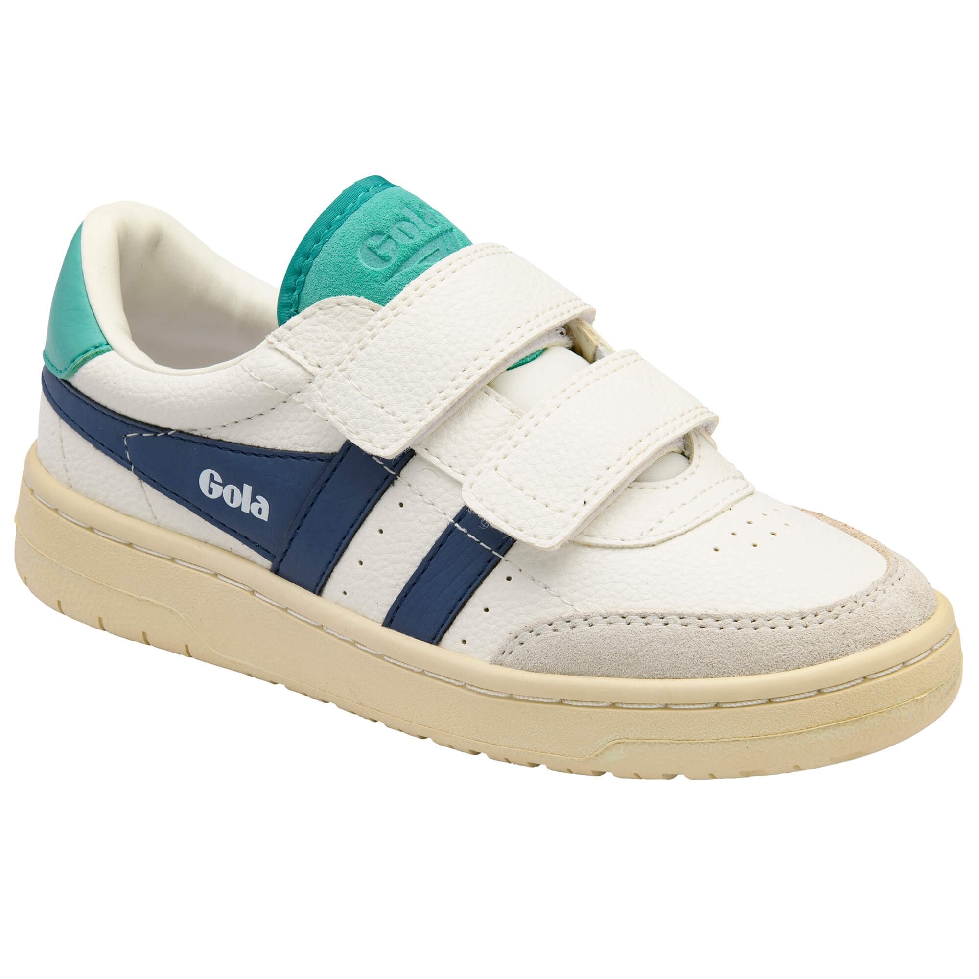 White Gola trainer with blue and green accents on a white background