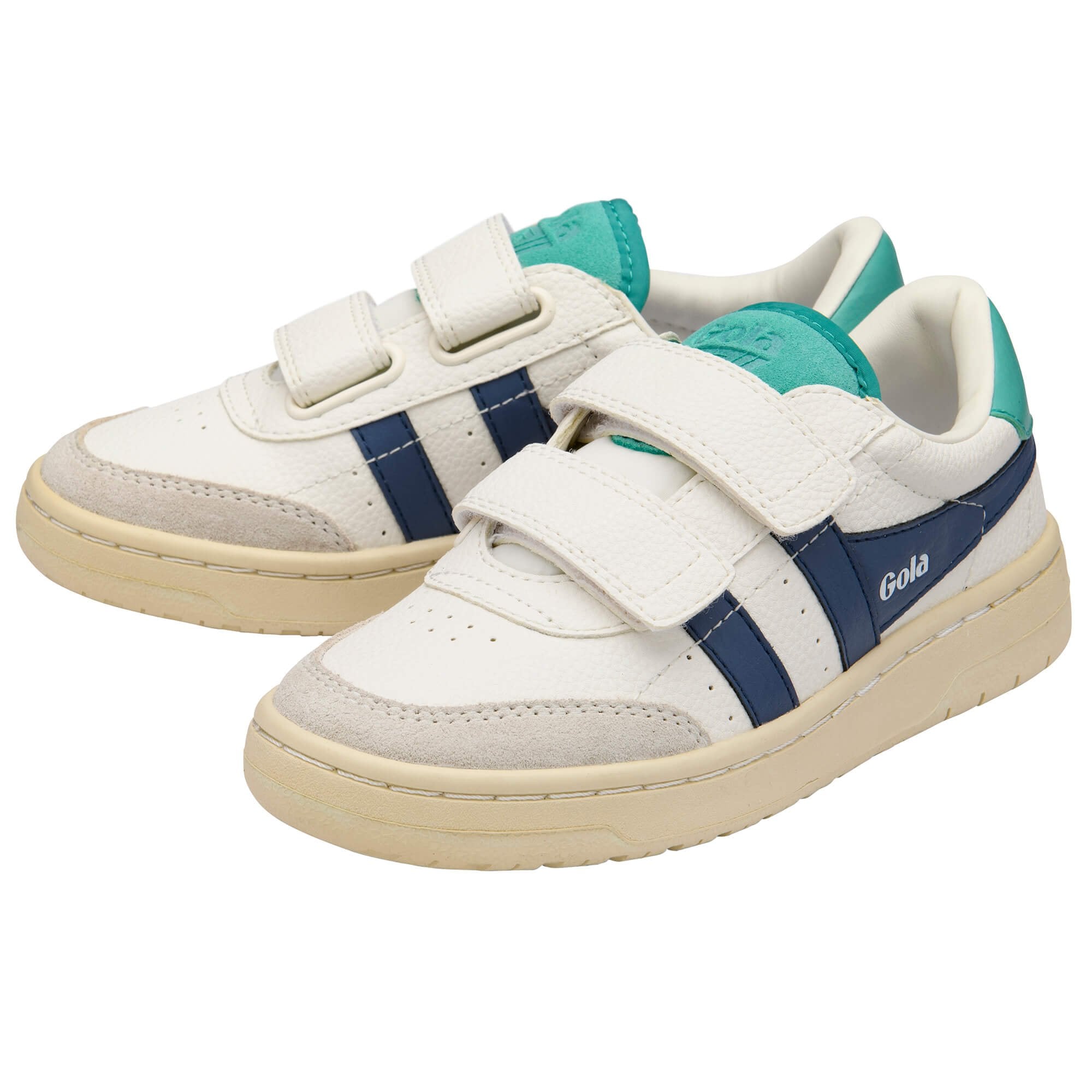 White Gola trainers with blue and green accents on a white background