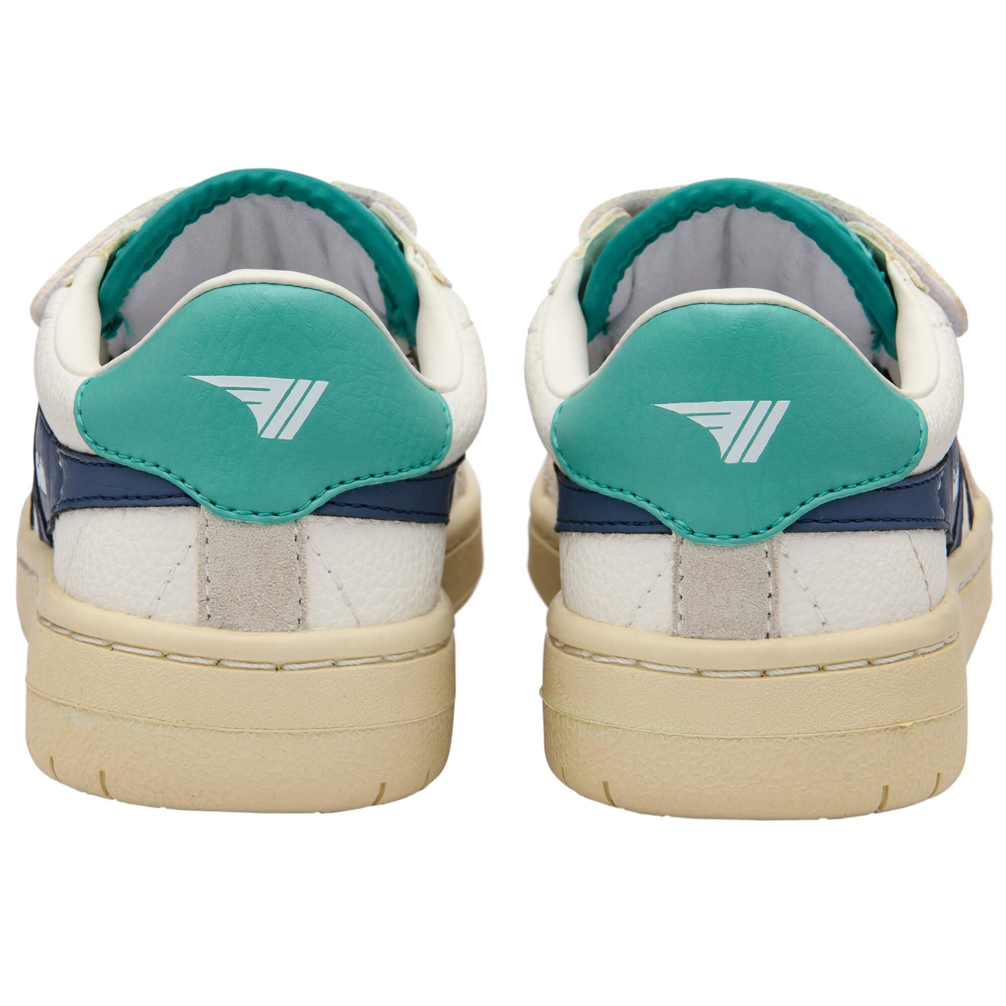 White Gola trainers with teal and navy accents on a white background