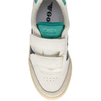White Gola trainer with green and blue accents on a white background