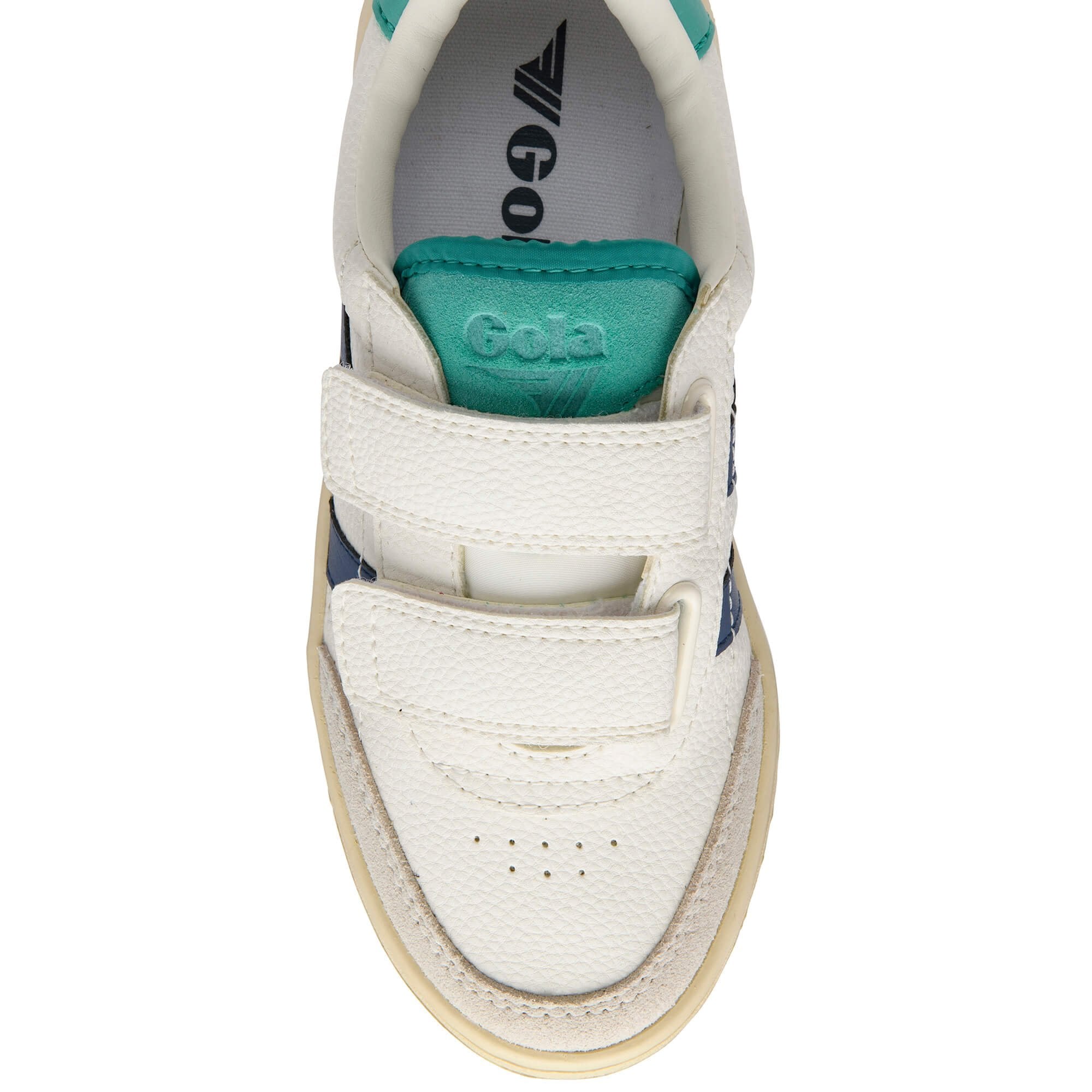 White Gola trainer with green and blue accents on a white background