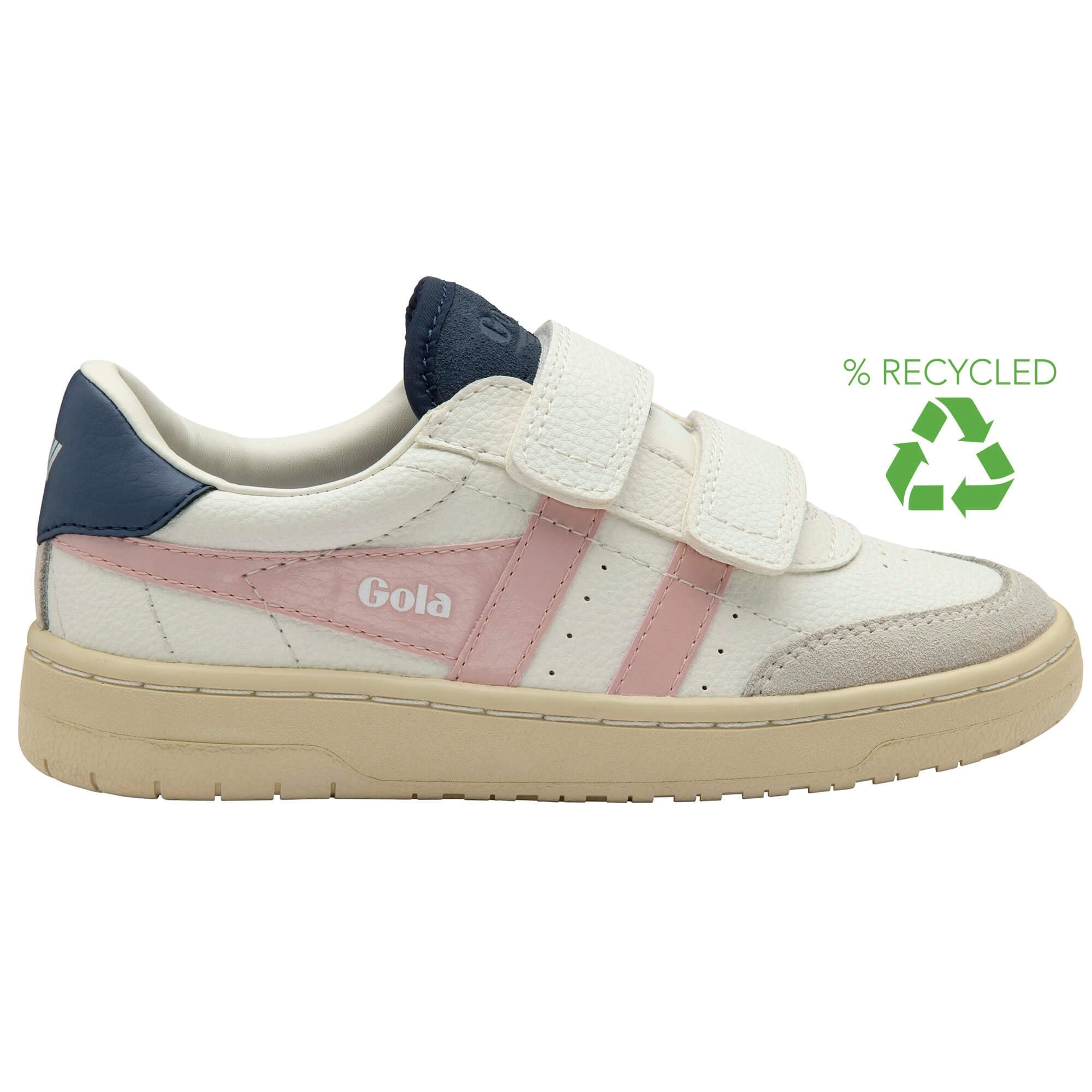 White and navy children's Gola trainer with pink and blue accents on a white background.
