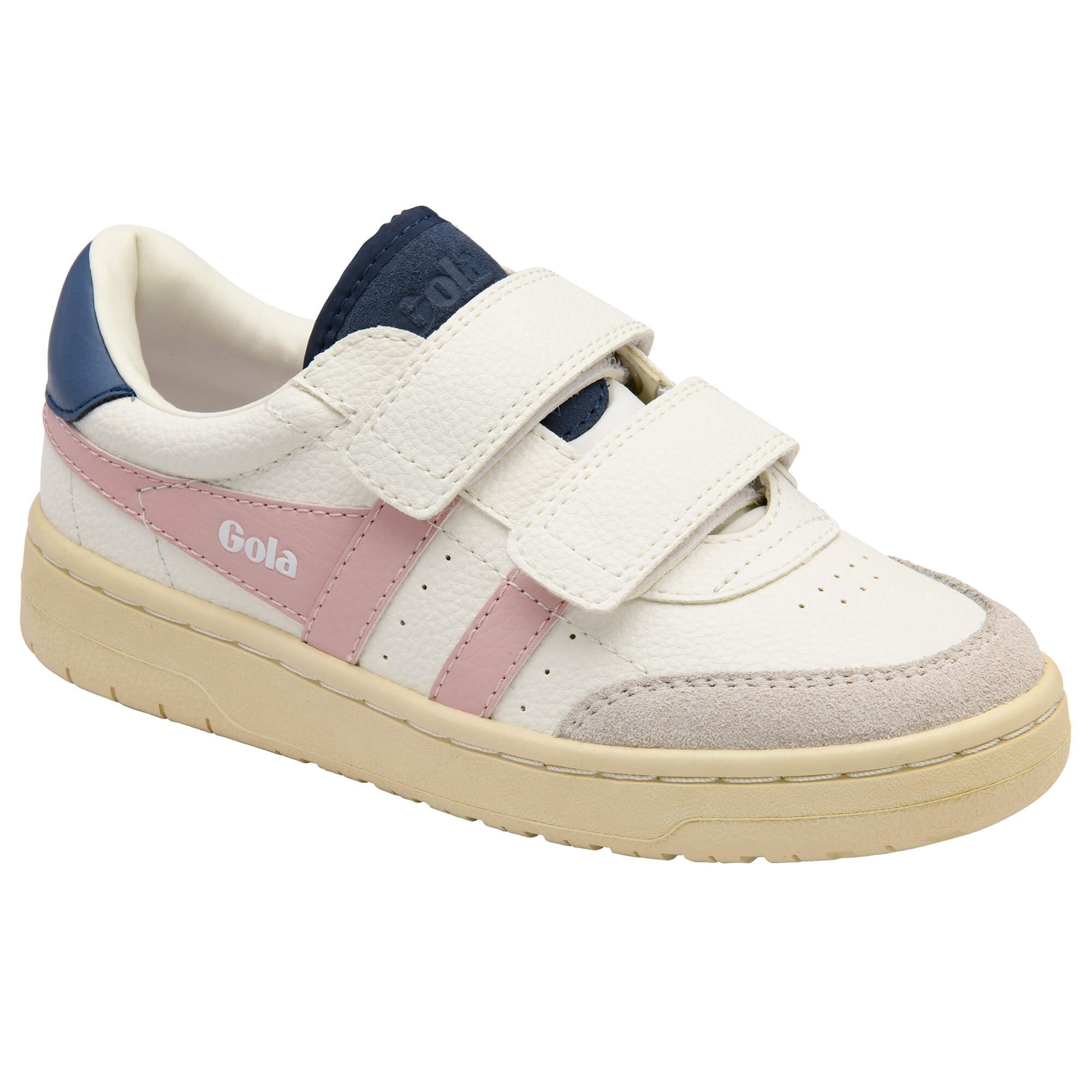 White and pink Gola trainer with blue accents on a white background