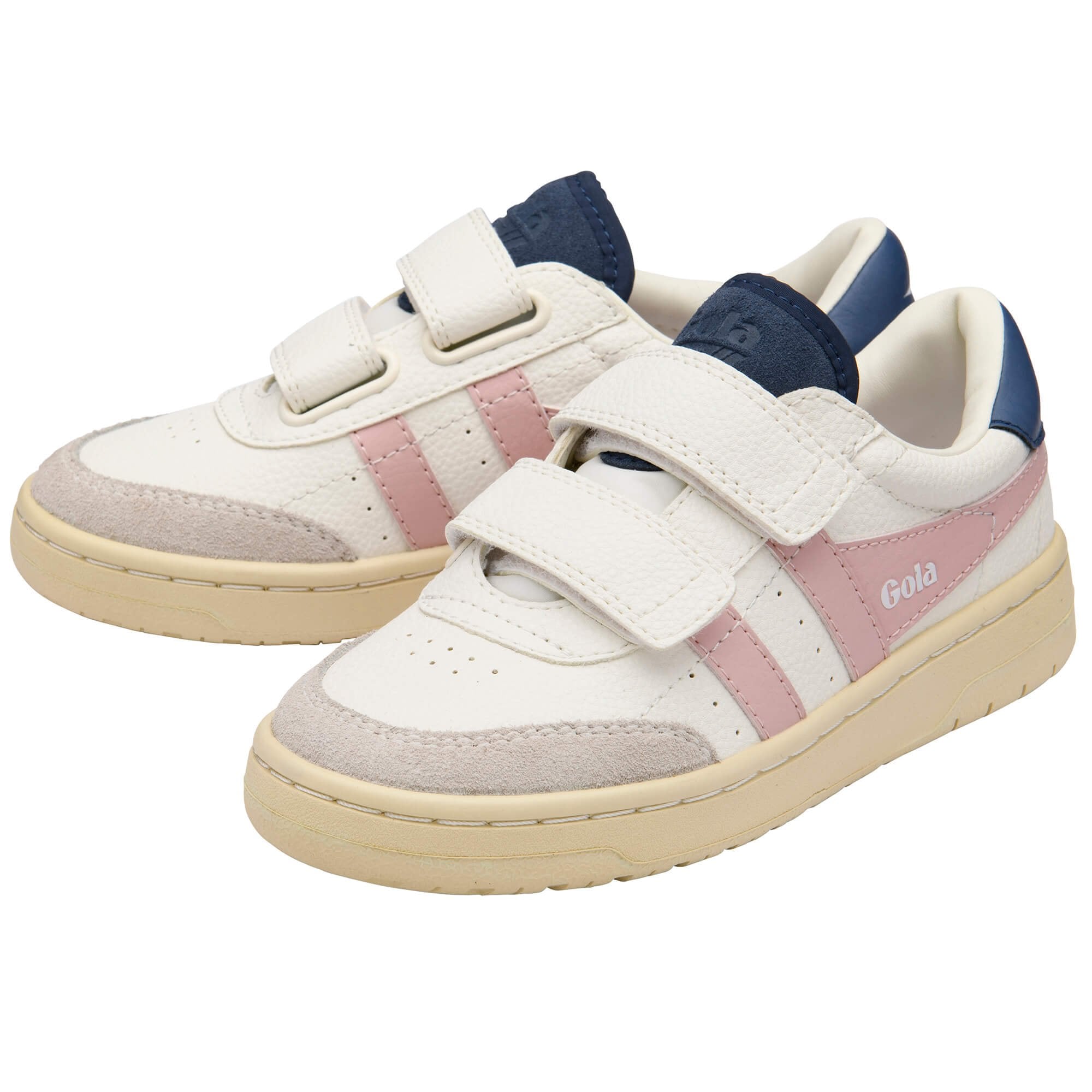 Pair of white and pink Gola trainers with velcro straps on a white background