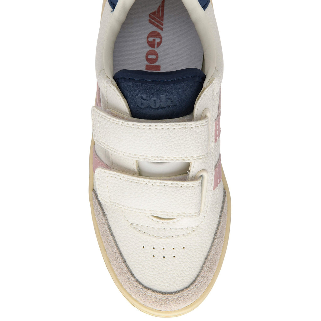White Gola trainer with pink stripes and blue accents on a white background