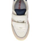White Gola trainer with pink stripes and blue accents on a white background