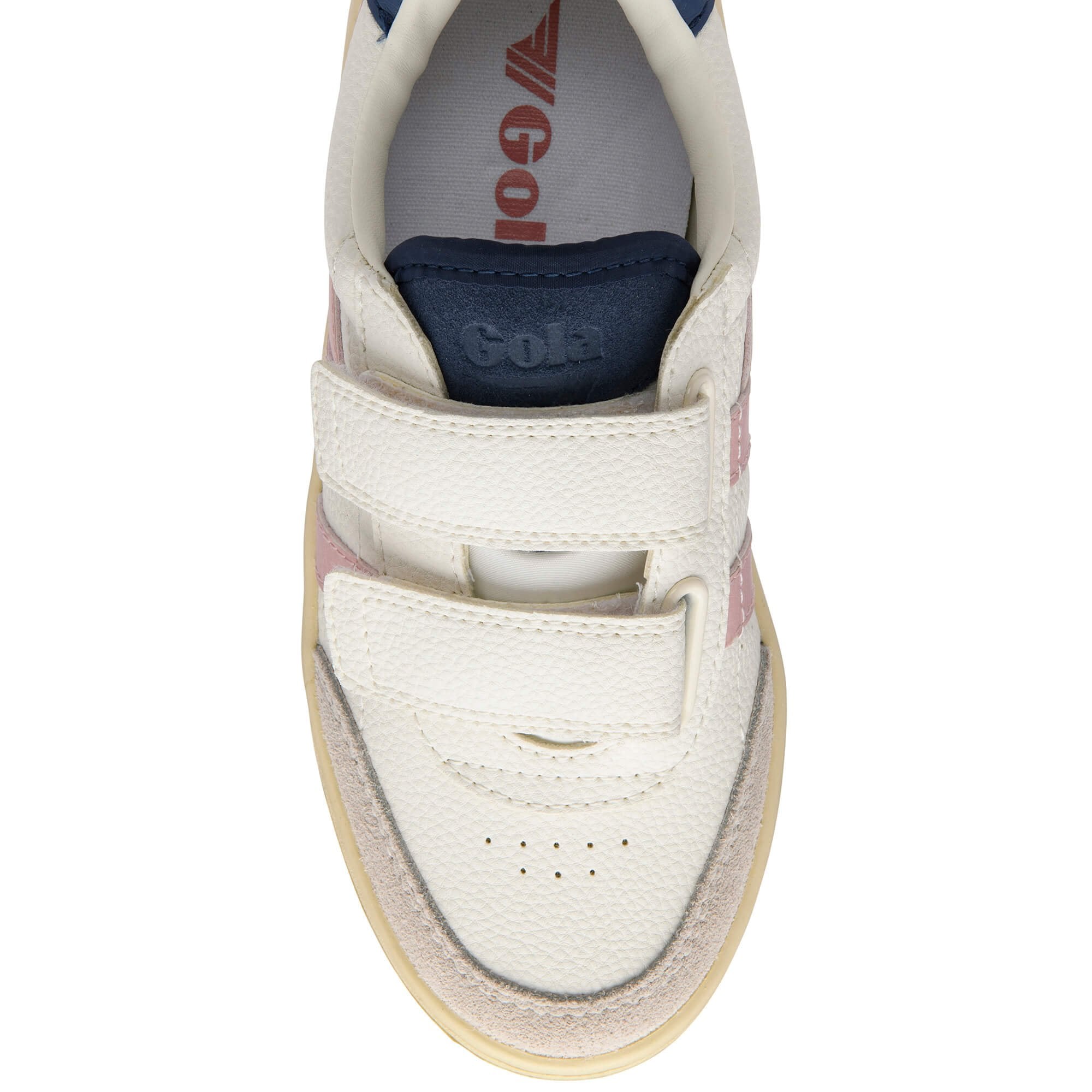 White Gola trainer with pink stripes and blue accents on a white background