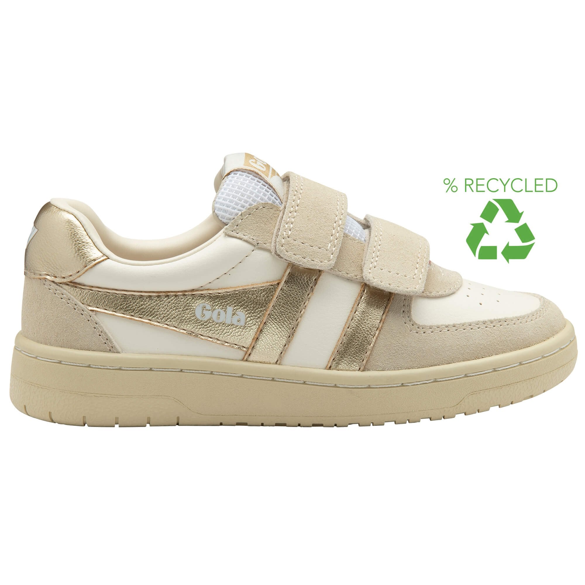 Gola Kids trainer in off white and gold with a green recycled logo on a white background