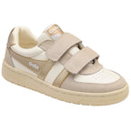 Beige and white Gola trainer with gold stripes on a white background