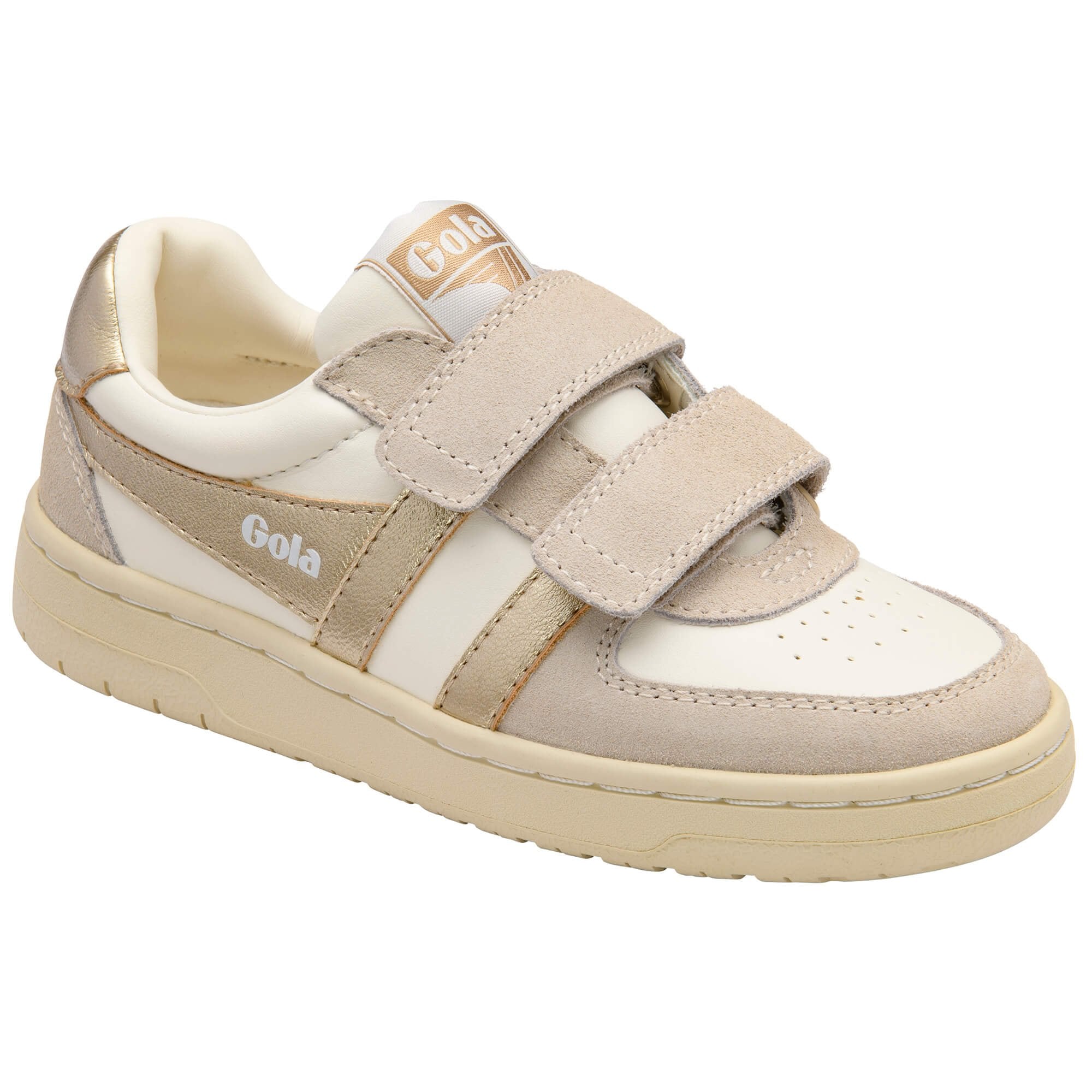 Beige and white Gola trainer with gold stripes on a white background
