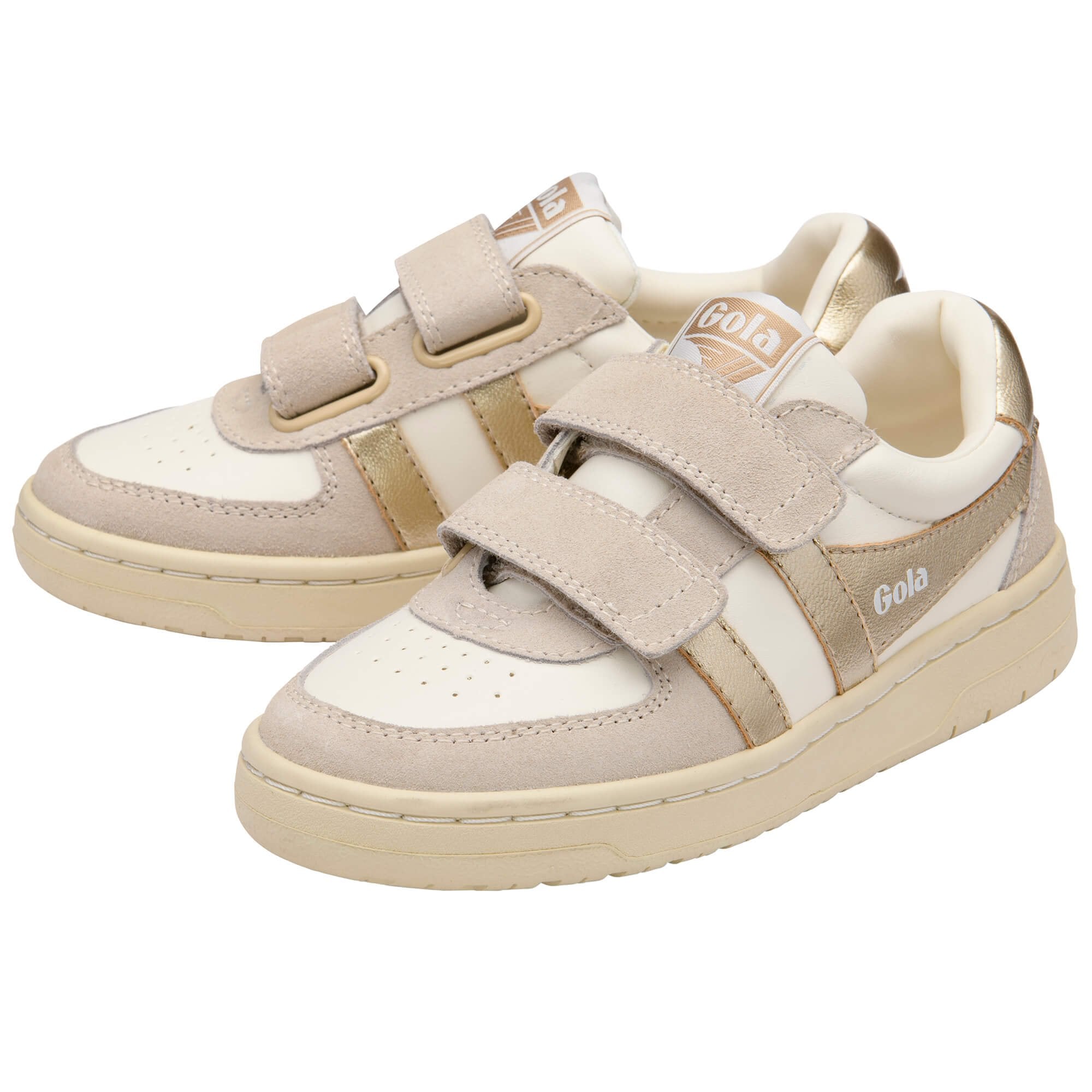 Pair of beige and white Gola trainers with velcro straps on a white background