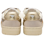 Pair of gold and beige Gola trainers with a logo on a white background