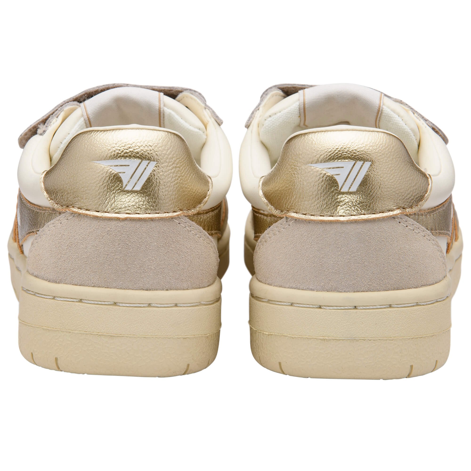 Pair of gold and beige Gola trainers with a logo on a white background