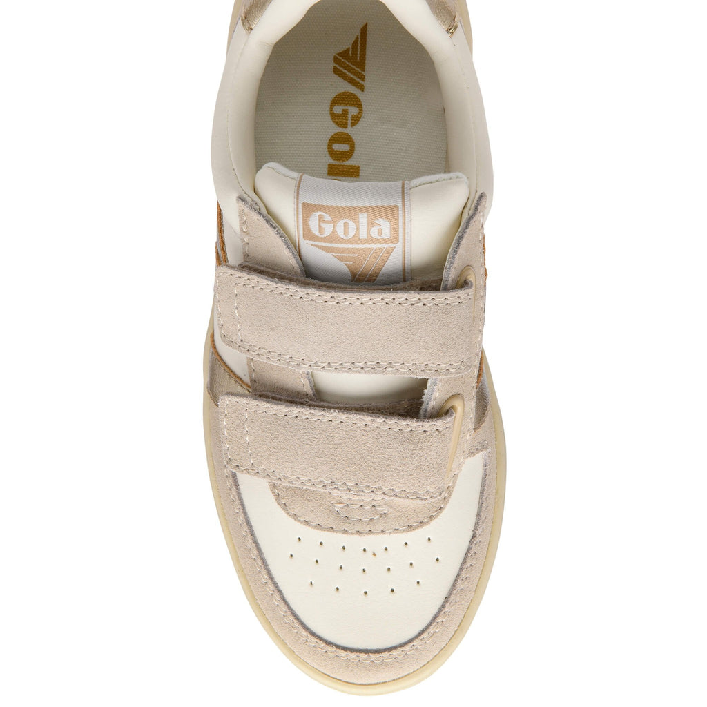 Top-down view of a Gola kids trainer in beige and cream with two velcro straps on a white background