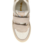 Top-down view of a Gola kids trainer in beige and cream with two velcro straps on a white background