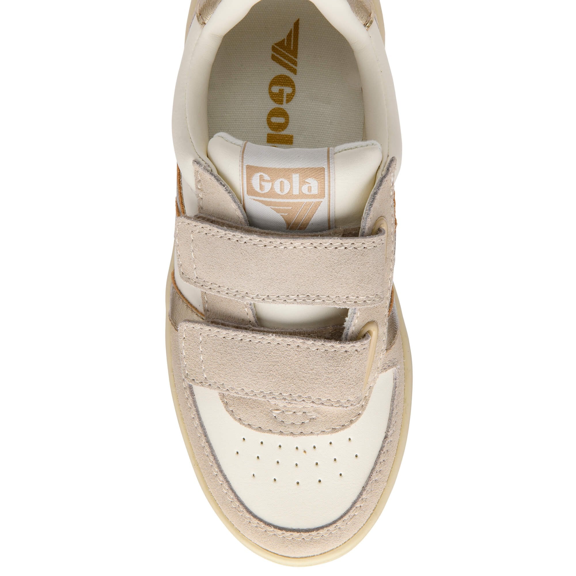 Top-down view of a Gola kids trainer in beige and cream with two velcro straps on a white background