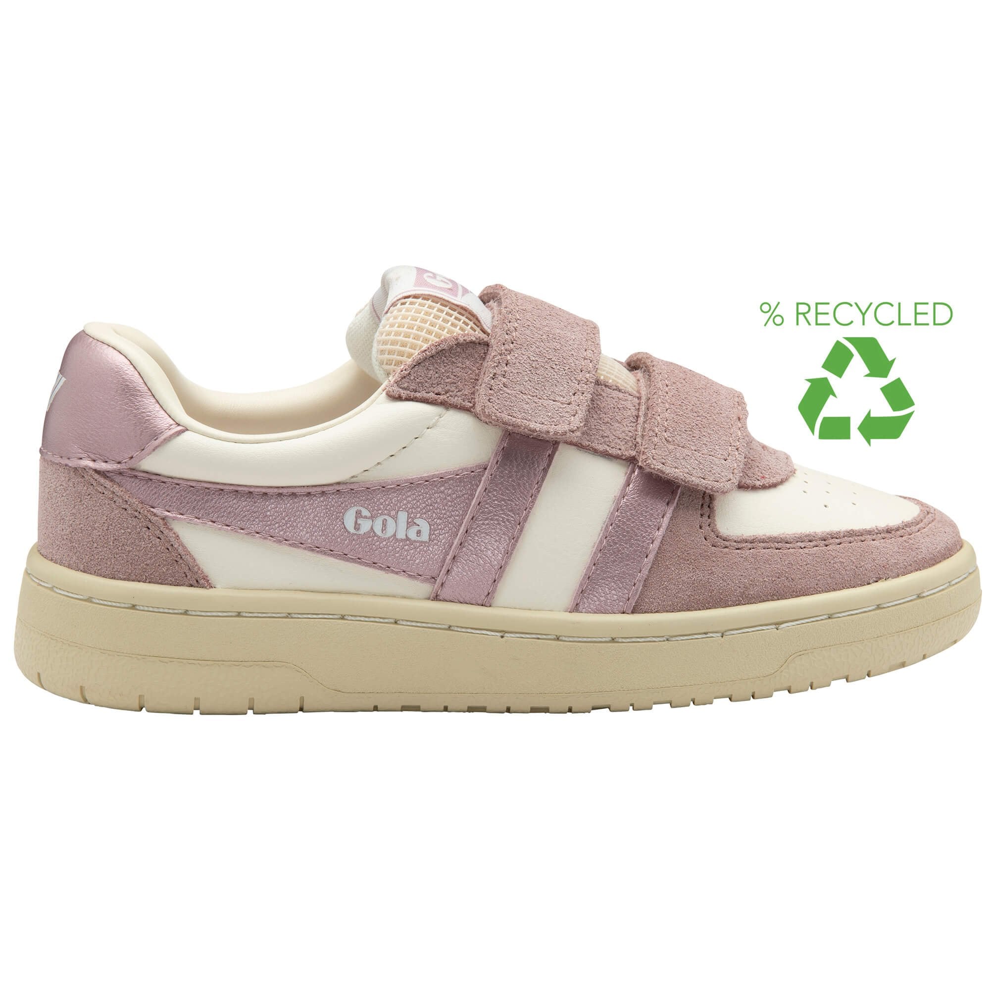 Gola Kids trainers in white and pink with a recycled logo on a white background