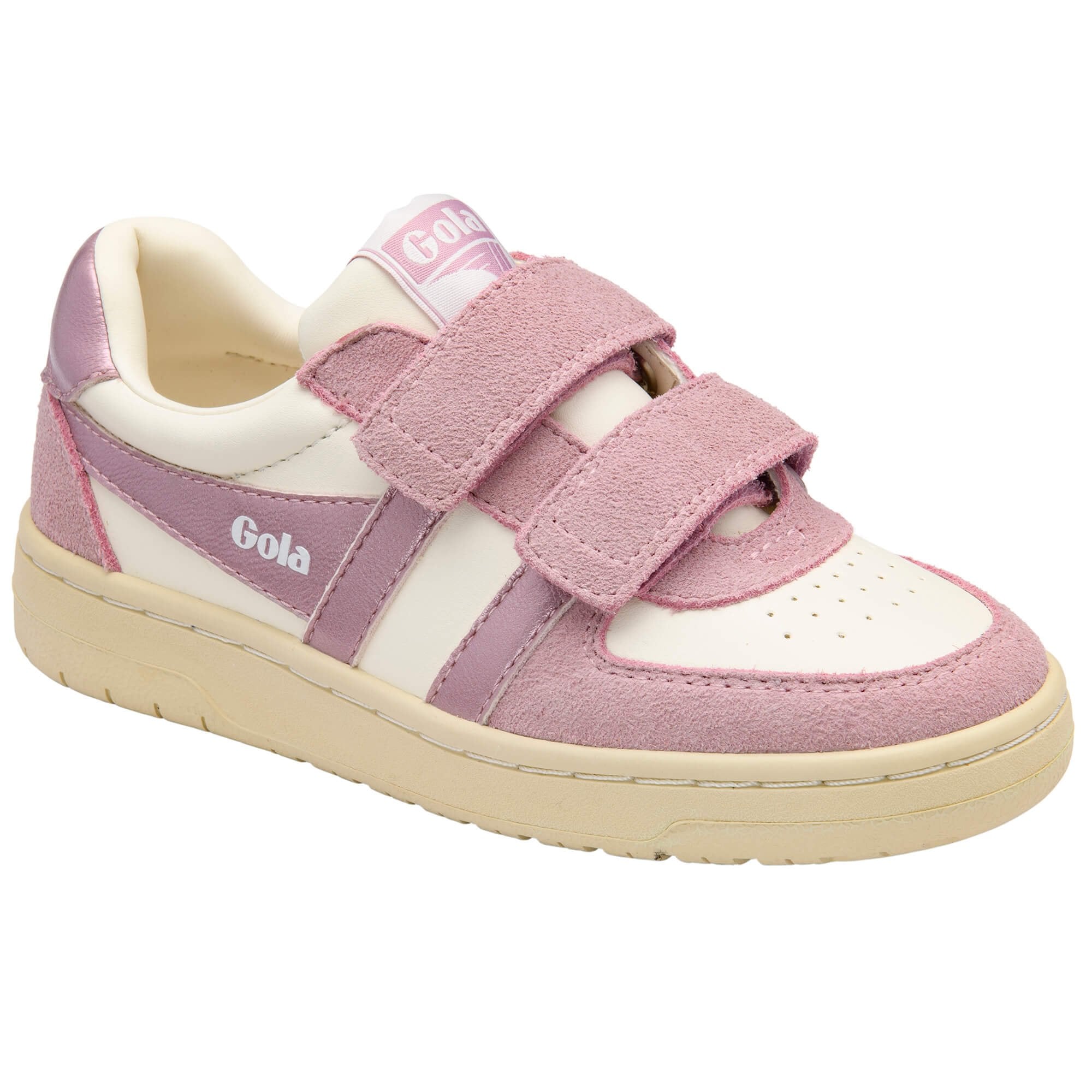 Pink and white Gola trainer with velcro straps on a white background