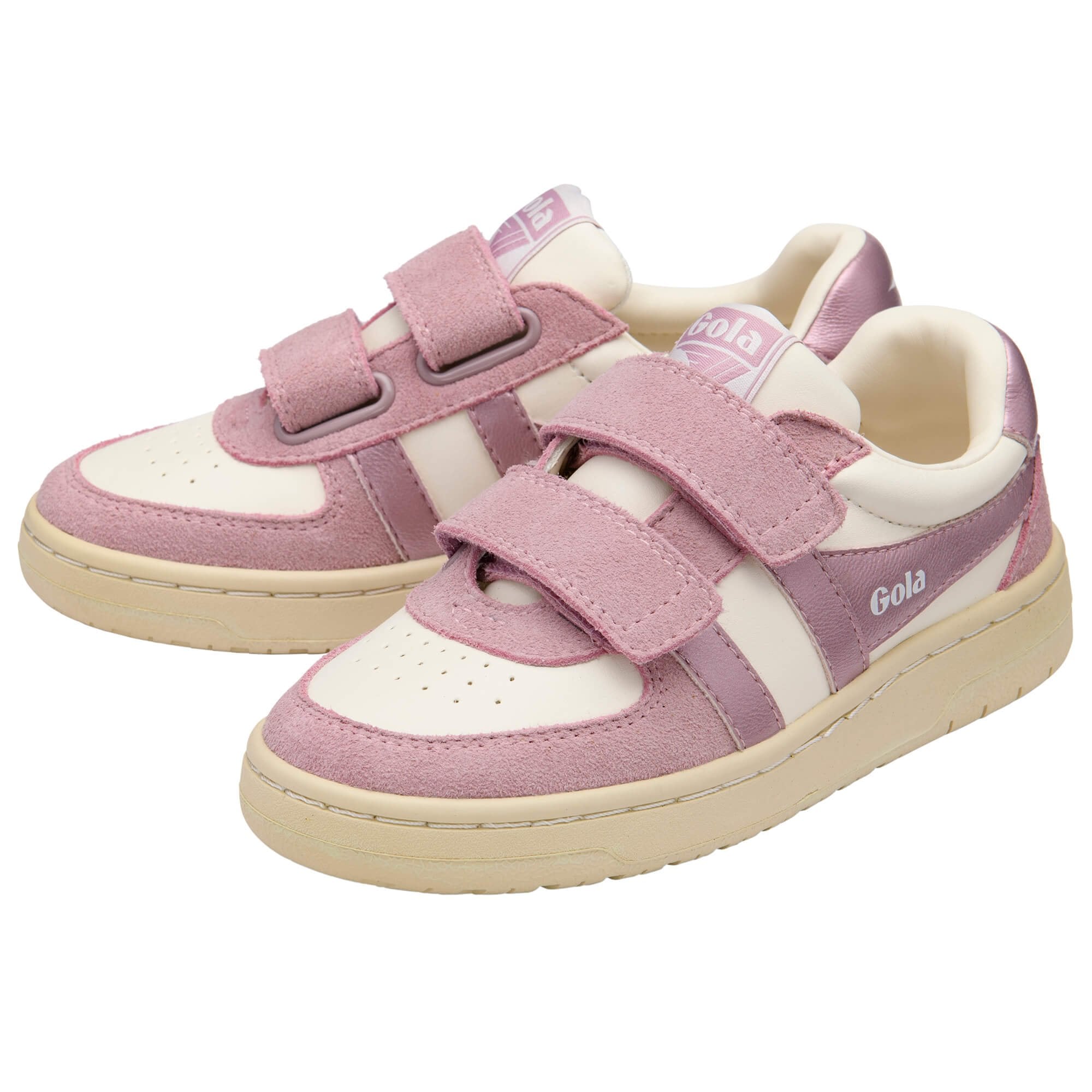 Pair of Gola kids trainers in pink and white with three velcro straps on a white background